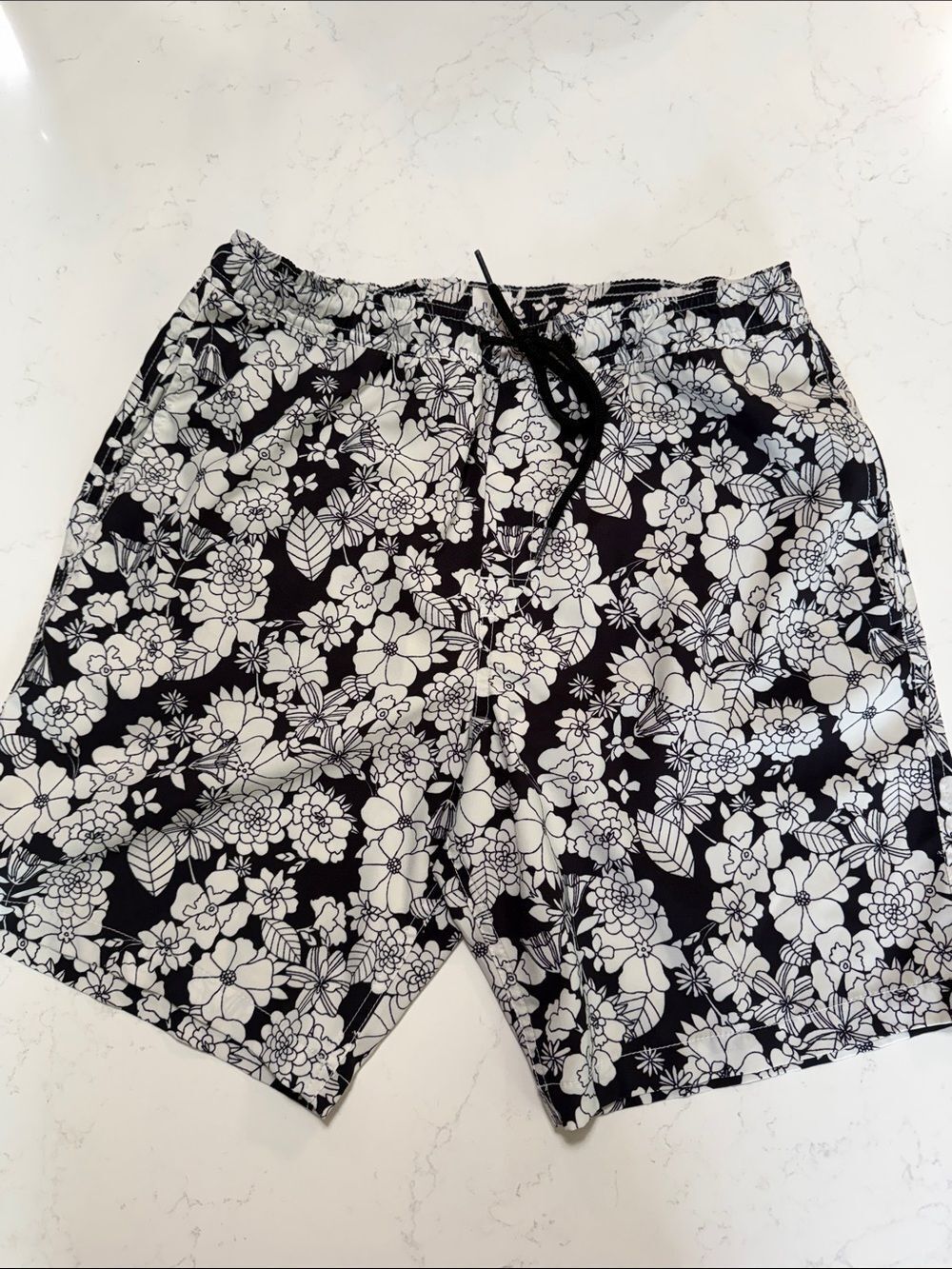 Men's Black & White Floral Swim Trunks